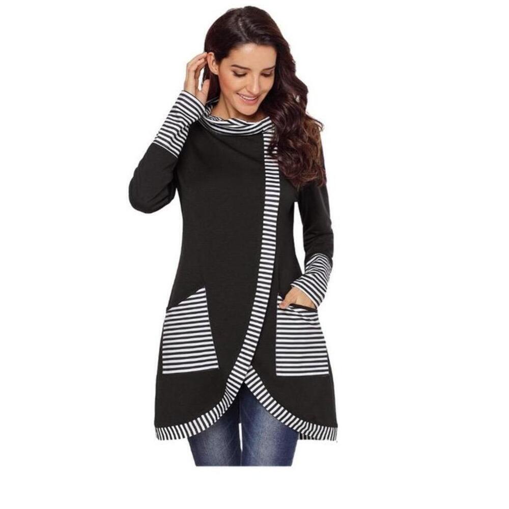 Hua Lan Tunic Womens Size XL Casual Cowl Neck Long Sleeves Striped Pockets Cozy